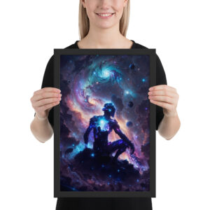 Framed print of ‘Cosmic Contemplation’ — psychedelic visionary artwork showing a meditative figure dissolving into the cosmos, surrounded by stars, sacred patterns, and celestial energy. Click to purchase this contemplative cosmic art print.
