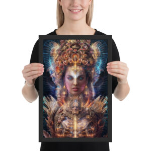Framed print of ‘Soul Adorned’ — intricate psychedelic portrait featuring a radiant, otherworldly figure adorned with symbolic patterns and glowing spiritual energy. Divine Feminine. Click to purchase this visionary art print.