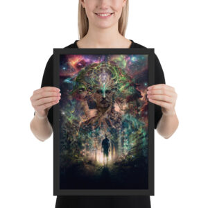 Framed print of ‘Cosmic Wilderness’ — vibrant psychedelic landscape artwork with surreal terrain, luminous colors, and a dreamlike cosmic sky. A psychonaut’s journey. Click to purchase this visionary art print.