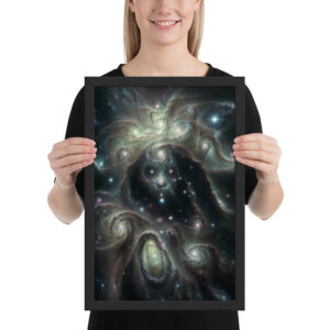 Framed print of ‘Divine Mother’ — visionary psychedelic artwork depicting an ethereal feminine figure radiating divine energy, made of galaxies, light, and cosmic serenity. Click to purchase this spiritual art print