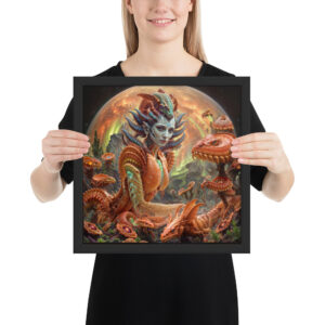 Framed print of ‘Proper Dose’ — psychedelic digital artwork featuring a surreal humanoid figure dissolving into radiant color and geometric energy, surrounded by otherworldly mushrooms and creatures. Click to purchase this visionary art print.
