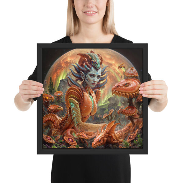 Framed print of ‘Proper Dose’ — psychedelic digital artwork featuring a surreal humanoid figure dissolving into radiant color and geometric energy, surrounded by otherworldly mushrooms and creatures. Click to purchase this visionary art print.