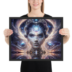 Glossy print of ‘Soul Keeper’ — mystical psychedelic artwork depicting a cosmic guardian cradling a glowing orb of light, symbolizing protection, memory, and the sacred inner self. Click to purchase this visionary art print.