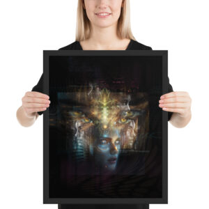 Framed print of ‘Shards of You’ — visionary psychedelic artwork depicting a fragmented human figure dissolving into vibrant color shards, symbolizing memories of a loved one from another time, and transformation and inner awakening. Click to purchase this introspective art print.