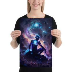 Glossy print of ‘Cosmic Contemplation’ — psychedelic visionary artwork showing a meditative figure dissolving into the cosmos, surrounded by stars, sacred patterns, and celestial energy. Click to purchase this contemplative cosmic art print.