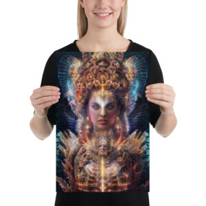 Glossy print of ‘Soul Adorned’ — intricate psychedelic portrait featuring a radiant, otherworldly figure adorned with symbolic patterns and glowing spiritual energy. Divine Feminine. Click to purchase this visionary art print.
