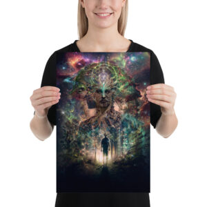 Glossy print of ‘Cosmic Wilderness’ — vibrant psychedelic landscape artwork with surreal terrain, luminous colors, and a dreamlike cosmic sky. A psychonaut’s journey. Click to purchase this visionary art print.