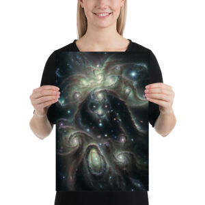 Glossy print of ‘Divine Mother’ — visionary psychedelic artwork depicting an ethereal feminine figure radiating divine energy, made of galaxies, light, and cosmic serenity. Click to purchase this spiritual art print