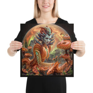 Glossy print of ‘Proper Dose’ — psychedelic digital artwork featuring a surreal humanoid figure dissolving into radiant color and geometric energy, surrounded by otherworldly mushrooms and creatures. Click to purchase this visionary art print.