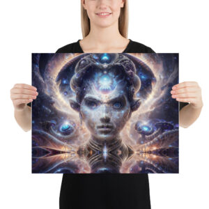 Framed print of ‘Soul Keeper’ — mystical psychedelic artwork depicting a cosmic guardian cradling a glowing orb of light, symbolizing protection, memory, and the sacred inner self. Click to purchase this visionary art print.