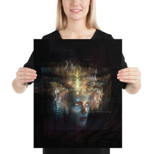 Glossy print of ‘Shards of You’ — visionary psychedelic artwork depicting a fragmented human figure dissolving into vibrant color shards, symbolizing memories of a loved one from another time, and transformation and inner awakening. Click to purchase this introspective art print.