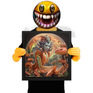 Framed print of ‘Proper Dose’ — psychedelic digital artwork featuring a surreal humanoid figure dissolving into radiant color and geometric energy, surrounded by otherworldly mushrooms and creatures. Click to purchase this visionary art print.
