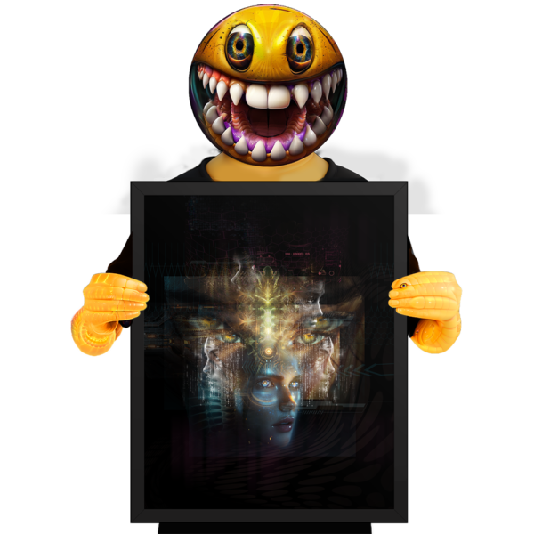Framed print of ‘Shards of You’ — visionary psychedelic artwork depicting a fragmented human figure dissolving into vibrant color shards, symbolizing memories of a loved one from another time, and transformation and inner awakening. Click to purchase this introspective art print.
