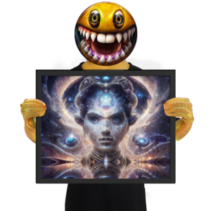 Glossy print of ‘Soul Keeper’ — mystical psychedelic artwork depicting a cosmic guardian cradling a glowing orb of light, symbolizing protection, memory, and the sacred inner self. Click to purchase this visionary art print.