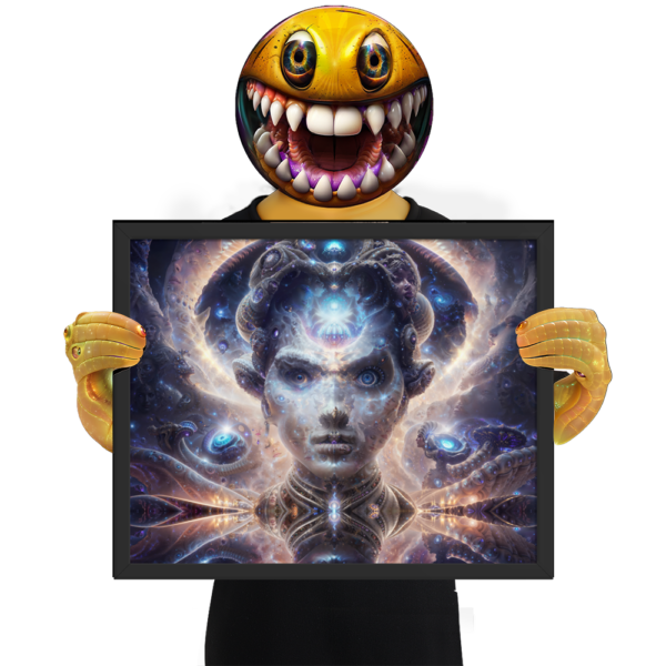Glossy print of ‘Soul Keeper’ — mystical psychedelic artwork depicting a cosmic guardian cradling a glowing orb of light, symbolizing protection, memory, and the sacred inner self. Click to purchase this visionary art print.