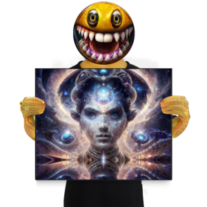 Framed print of ‘Soul Keeper’ — mystical psychedelic artwork depicting a cosmic guardian cradling a glowing orb of light, symbolizing protection, memory, and the sacred inner self. Click to purchase this visionary art print.