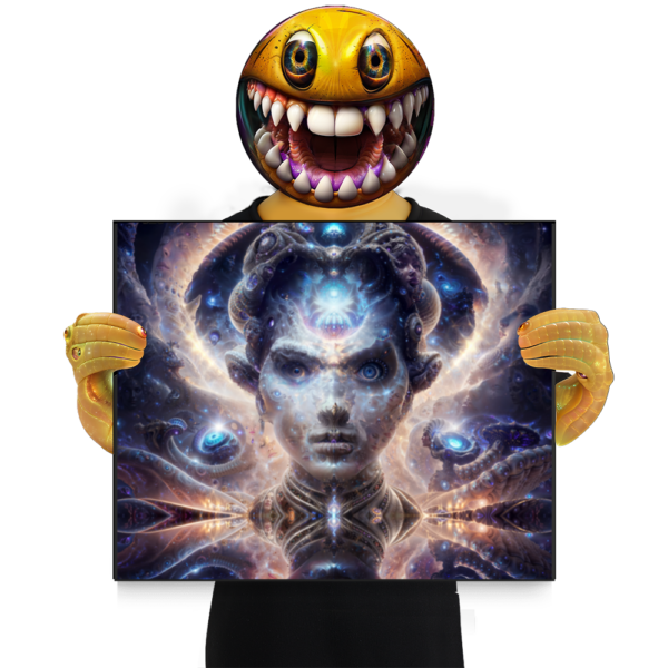 Framed print of ‘Soul Keeper’ — mystical psychedelic artwork depicting a cosmic guardian cradling a glowing orb of light, symbolizing protection, memory, and the sacred inner self. Click to purchase this visionary art print.